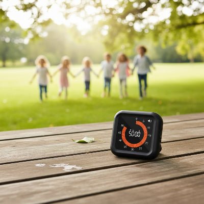 Minuterie ChronoZen utilisée sur un bureau pour la méthode Pomodoro, illustrant sa polyvalence hors cuisine.