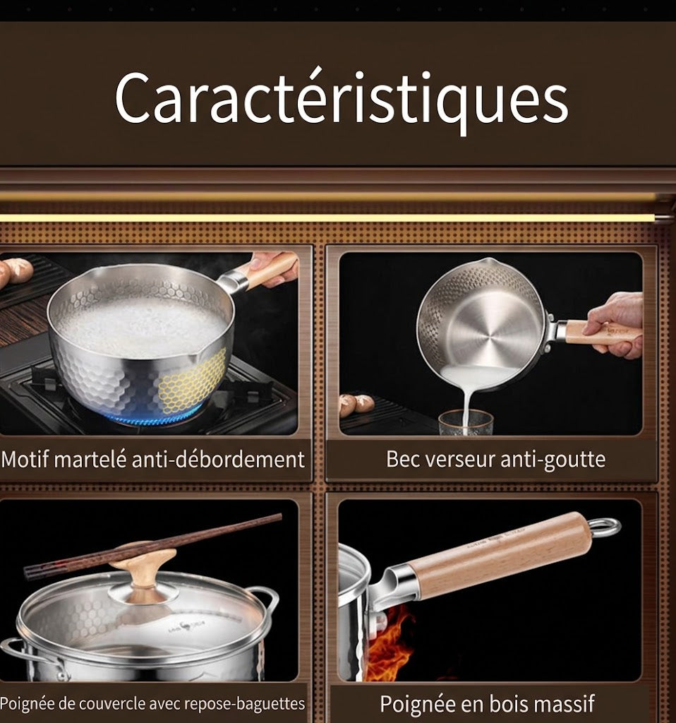 les caractéristiques du pot japonais Yukihira : motif martelé anti-débordement, bec verseur anti-goutte, poignée en bois massif et couvercle avec repose-baguettes.