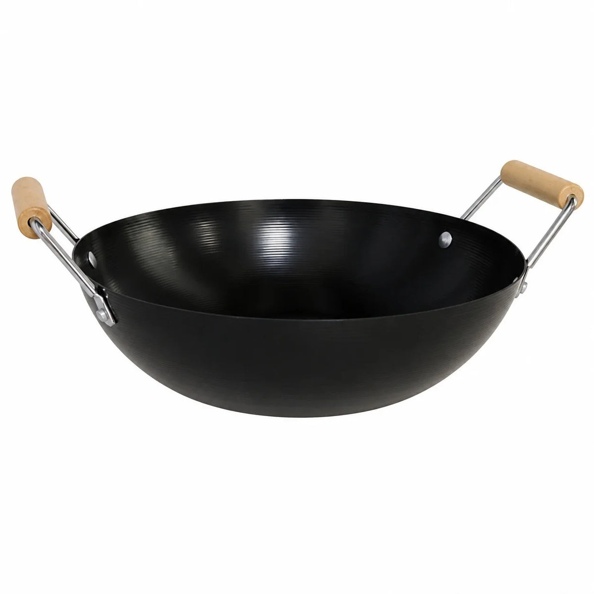 Vue d'ensemble du wok en acier au carbone 28 cm avec poignées en bois sur fond blanc