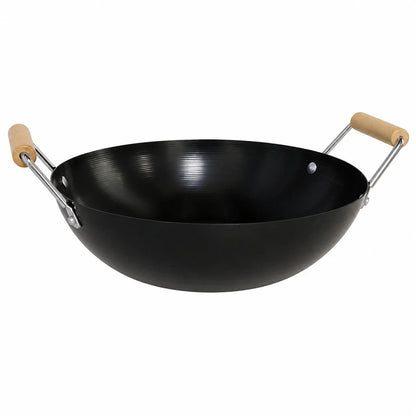 Vue d'ensemble du wok en acier au carbone 28 cm avec poignées en bois sur fond blanc