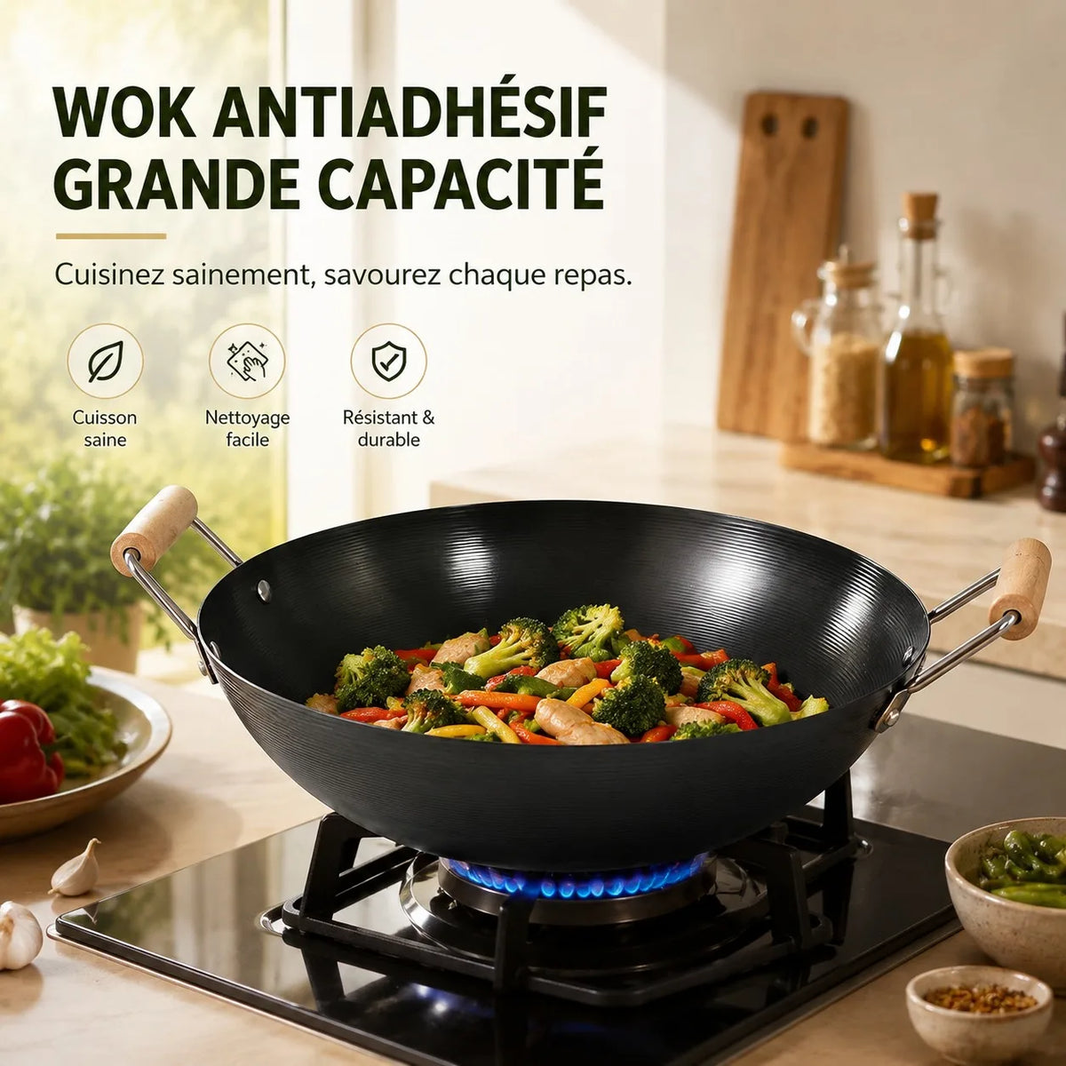 Wok antiadhésif grande capacité sur cuisinière à gaz avec sauté de légumes