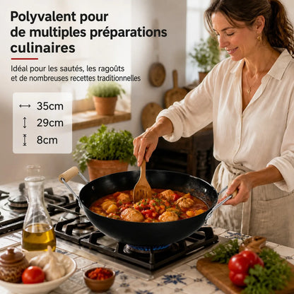 Dimensions du wok en acier au carbone 28 cm avec préparation d'un sauté de légumes