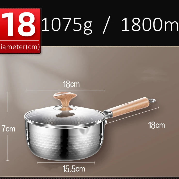 Dimensions et spécifications du pot japonais Yukihira 18cm : diamètre 18cm, hauteur 7cm, base induction 15,5cm, poids 1075g et capacité 1800ml.