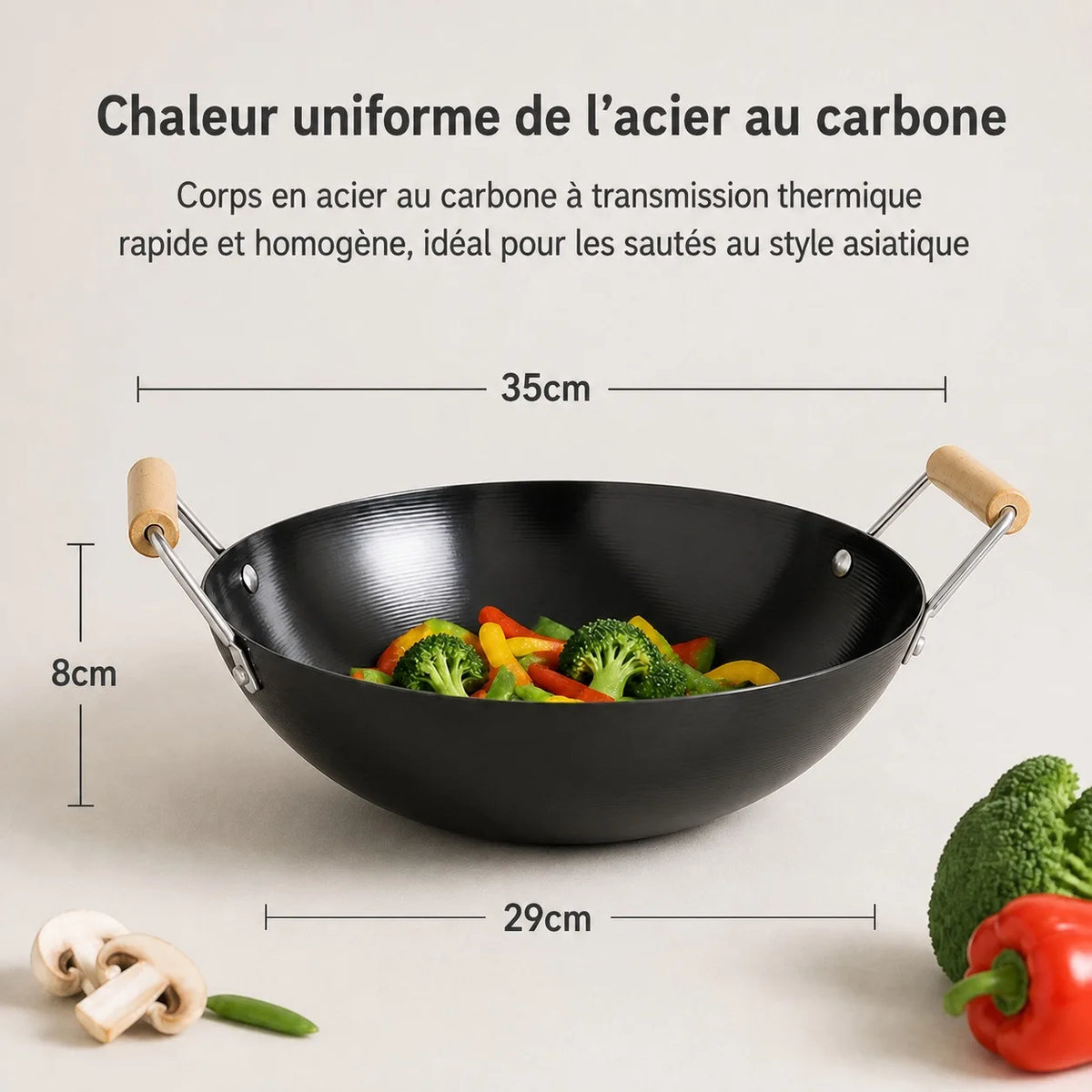 Dimensions du wok en acier au carbone 28 cm avec légumes et poignées en bois
