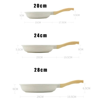 Dimensions des woks en céramique : 20 cm, 24 cm et 28 cm avec hauteurs et longueurs des manches