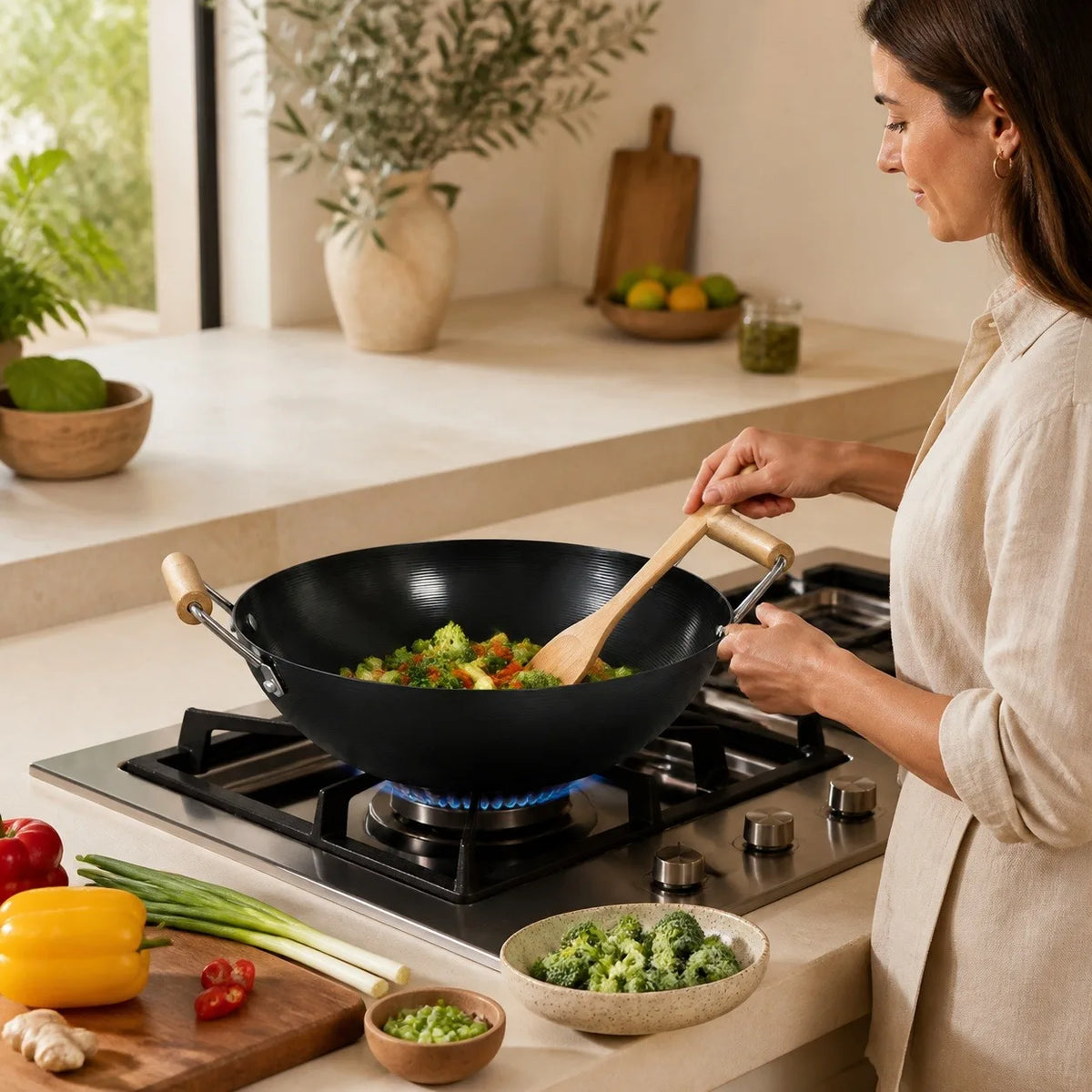 Femme cuisinant un sauté de légumes dans un wok en acier au carbone 28 cm sur une cuisinière à gaz