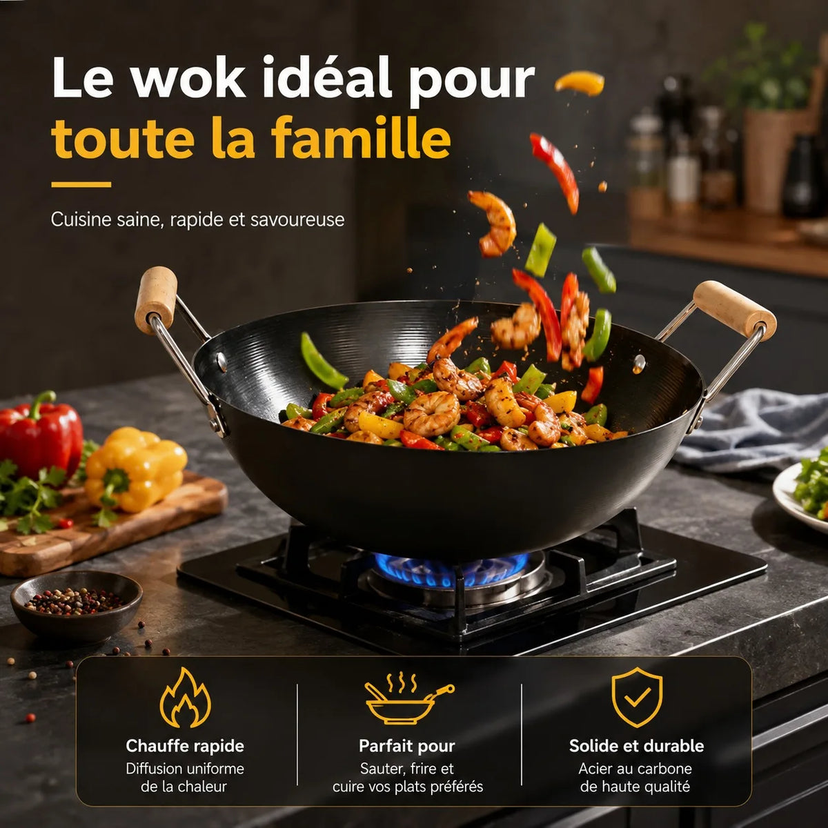 Wok en acier au carbone 28 cm sur cuisinière à gaz avec sauté de légumes et crevettes
