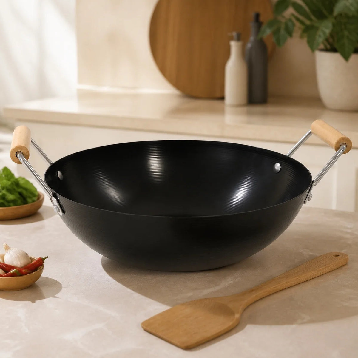 Wok noir en acier au carbone 28 cm avec poignées en bois sur table de cuisine