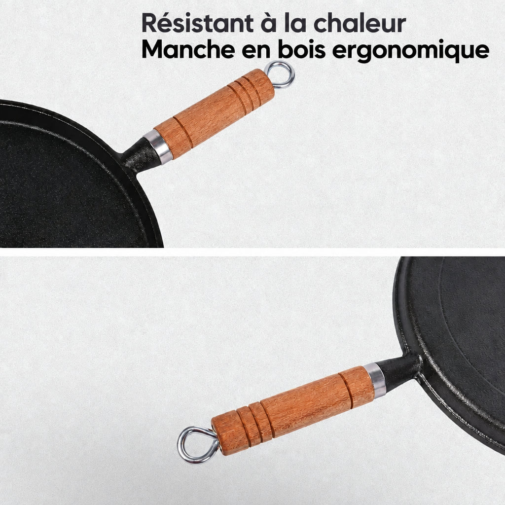 Gros plan sur le manche et le bord de la poêle - Cuisinezchezvous.com