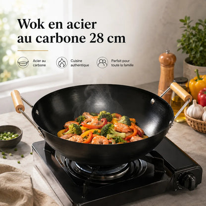 Wok en acier au carbone 28 cm sur cuisinière à gaz avec légumes et crevettes