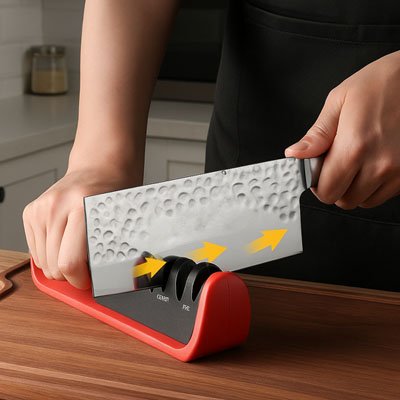 Affûtage d'un couteau de chef dans l'aiguiseur PrecisionPro ergonomique - Cuisinezchezvous.com