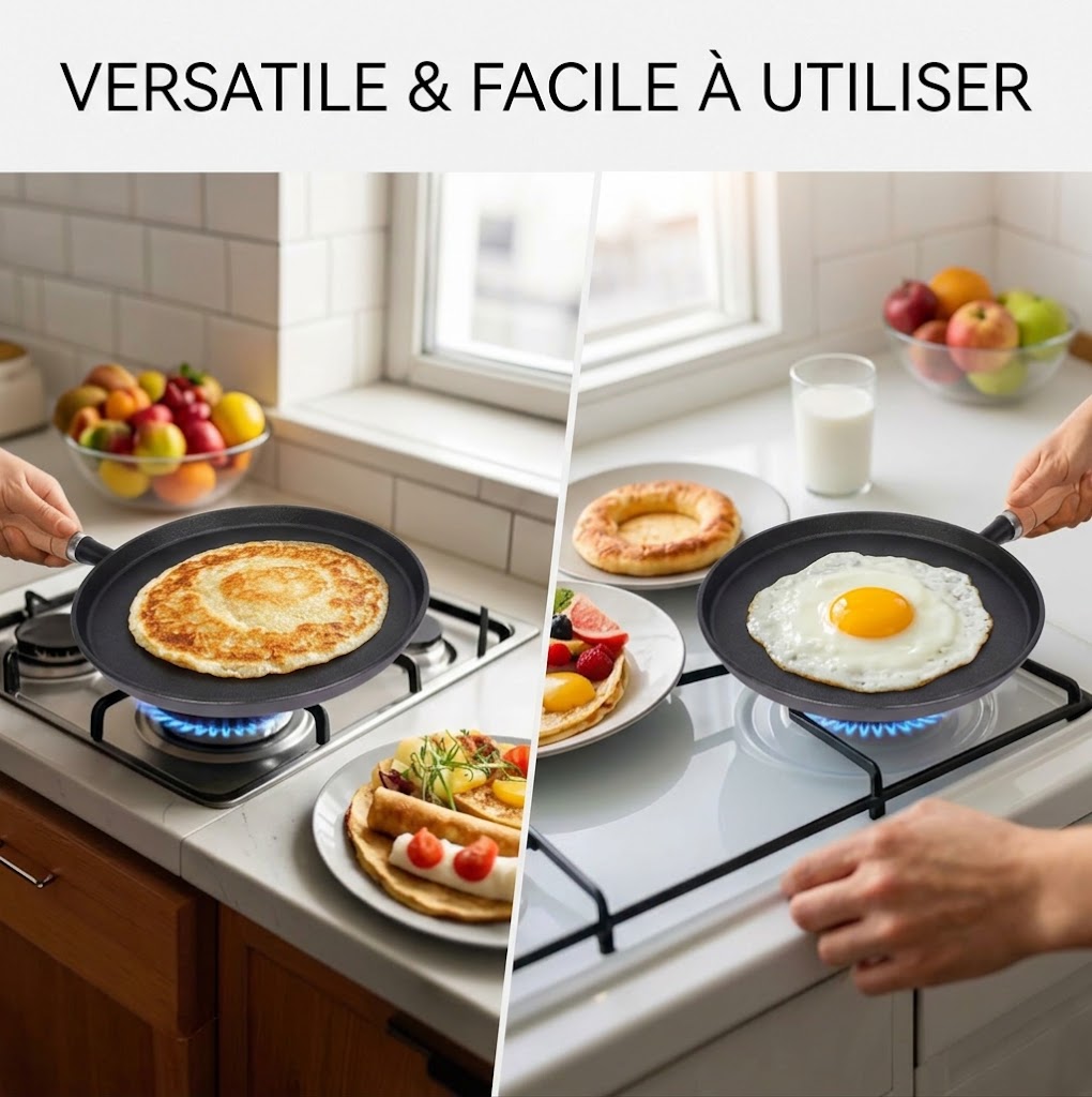 Poêle utilisée pour préparer différents plats sur une cuisinière - Cuisinezchezvous.com
