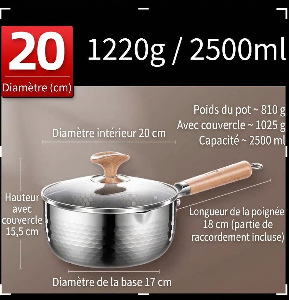 Dimensions et spécifications du pot japonais Yukihira 20cm : diamètre intérieur 20cm, hauteur 15,5cm avec couvercle, base induction 17cm, poids 1220g et capacité 2500ml.