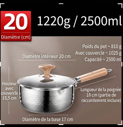 Dimensions et spécifications du pot japonais Yukihira 20cm : diamètre intérieur 20cm, hauteur 15,5cm avec couvercle, base induction 17cm, poids 1220g et capacité 2500ml.
