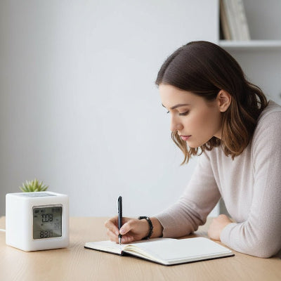 Timer de cuisine en forme de cube blanc sur un plan de travail moderne