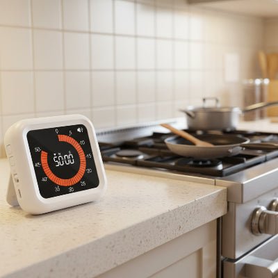 Vue de profil montrant le design compact et élégant de la minuterie rotative rechargeable par USB.