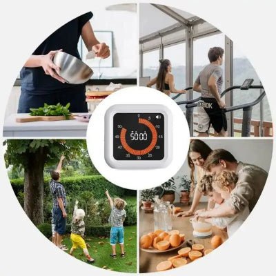 Main réglant la rotation de la minuterie analogique visuelle pour programmer un temps de cuisson précis.