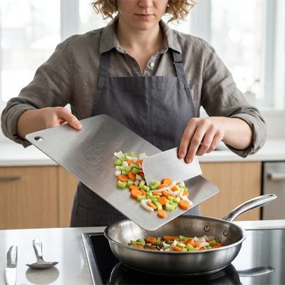 Planche à découper inox avec rebord de fixation et pieds antidérapants pour une stabilité maximale-Cuisinezchezvous