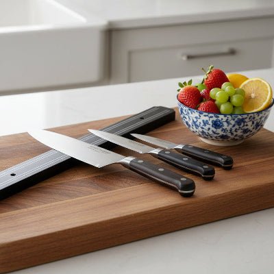 Gros plan sur les aimants de la barre magnétique pour couteaux - Cuisinezchezvous.com