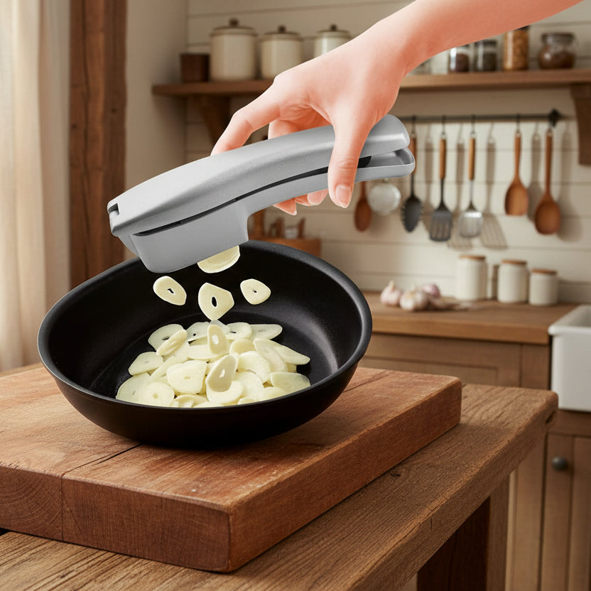"Presse-ail manuel Garlic™ en alliage d'aluminium argenté, design ergonomique et robuste pour la cuisine."