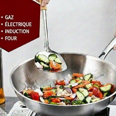 Wok inox avec poignée ergonomique froide à la cuisson - Cuisinezchezvous.com